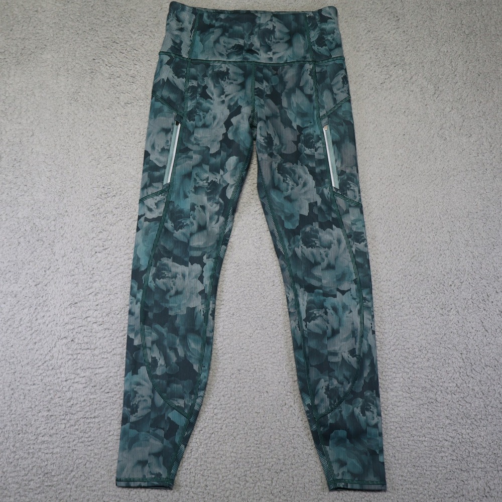 Athleta Rainier Printed Tight Teal Green Floral Stripe Leggings Small Pockets